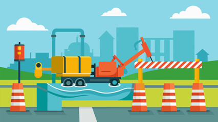 Fototapeta premium Heavy duty pumps being installed to help remove any excess water from behind the barrier during heavy floods.. Vector illustration