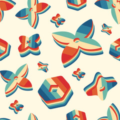 Retro aesthetic style seamless pattern with abstract geometric shapes and elements. Rainbow shapes and figures in retro futuristic style seamless background. vector illustration