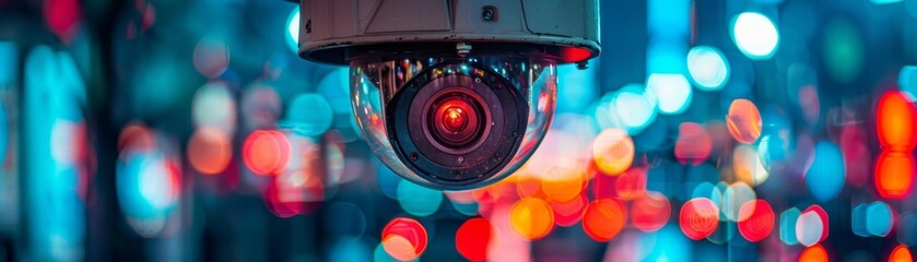 A highdefinition security camera mounted on a city streetlight, equipped with night vision and motion sensors, aimed at monitoring traffic flow and pedestrian safety - Powered by Adobe