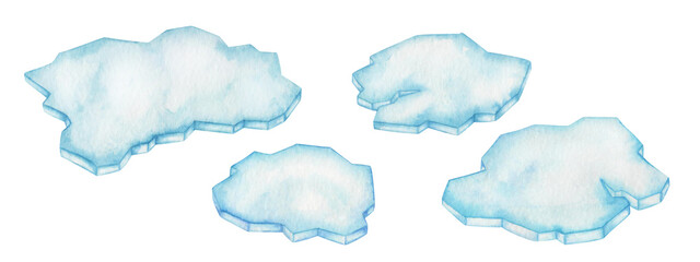 Watercolor set of illustrations. Hand painted blue and white floating ice. Ice floe. Frozen snow, water in sea, ocean. Cold winter. Glacier, iceberg. North Pole, Arctic, Antarctic. Isolated clip art © Olga Sidelnikova