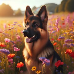 Berger allemand est assis dans un champ de fleurs