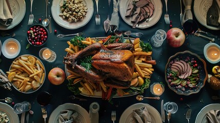 A bountiful Thanksgiving table is set with a roasted turkey, all the traditional sides, and plenty of candles. AIG51A.
