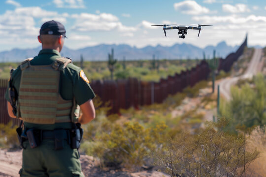 US border patrol agent piloting a drone to monitor border activity between the US and Mexico.