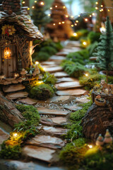 A miniature forest path using twigs, moss, and miniature trees. Line the path with fairy lights to create a magical, enchanted forest scene.