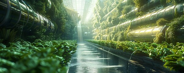 A futuristic farm scene with rows of crops irrigated by water pumped through solarpowered systems, highlighting efficiency in water use and energy consumption in agriculture
