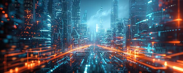 Fototapeta premium A futuristic cityscape illuminated by digital networks, showcasing interconnected data streams that symbolize a smart citys advanced communication infrastructure