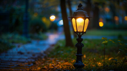 A quaint little streetlamp with a contented smile, casting a warm glow on the sidewalk.