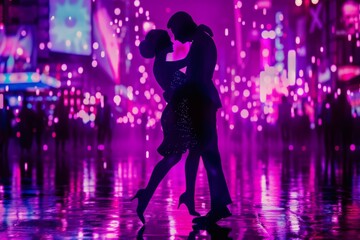 Romantic Dance Silhouette Against Neon-Lit Rainy Backdrop
