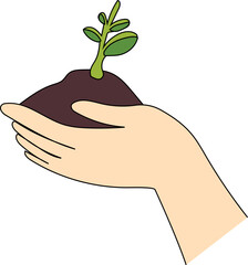 Cartoon hand with soil and plant illustration on transparent background.
