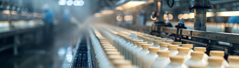 A dynamic shot inside a dairy production facility showing milk being poured into bottles, sealed, and prepared for distribution, emphasizing food safety and technology