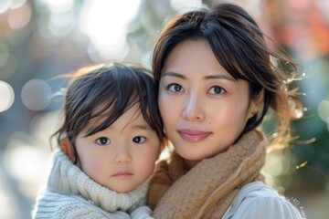 Obraz premium asian woman and her toddler. ai generated