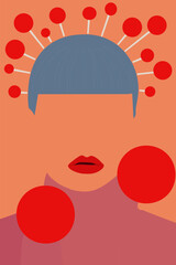 fashion illustration, fashionable girl without a face, red balls, couture