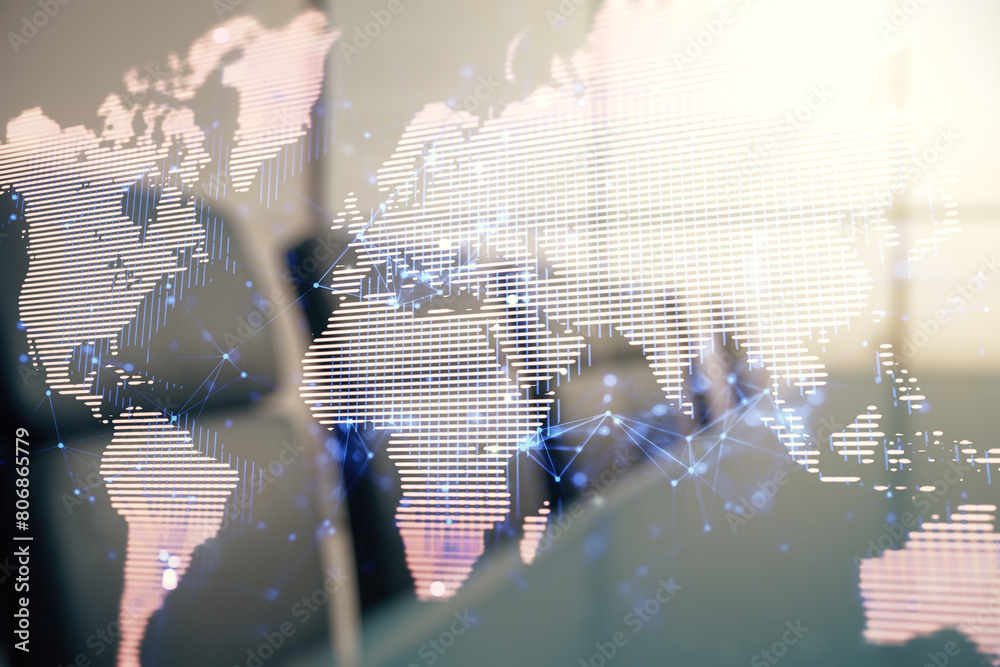 Poster multi exposure of abstract graphic world map hologram on a modern furnished office interior backgrou