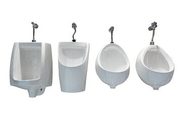 Exhibition of samples urina toilet bowls in a row isolated on white background. Modern sanitary...