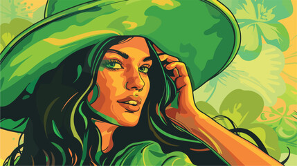 Young woman holding green hat on color background.