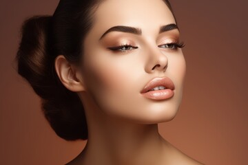 Obraz premium A gorgeous European model woman is posing in front of a monochromatic background with a full set of perfect make-up. Generative AI.