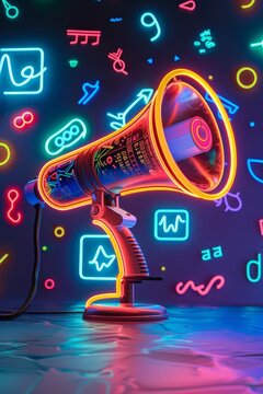 Megaphone with various marketing buzzwords like SEO social media