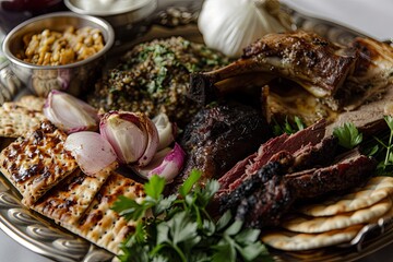 Traditional Passover Seder plate with symbolic elements for ceremonial meal