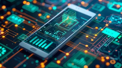 Fototapeta premium A detailed graphic of a smartphone conducting a safe online banking operation, with a virtual firewall and cybersecurity symbols around the device, portraying investment protection