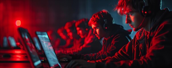 A dark, atmospheric photo showing a row of hackers, obscured in red shadows, intensely focused on their laptop screens, highlighting the anonymity and danger of cybercrime