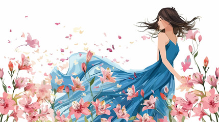 Young woman in blue dress with alstroemeria flowers