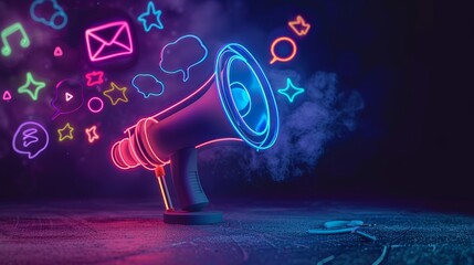 Megaphone with various marketing buzzwords like SEO social media