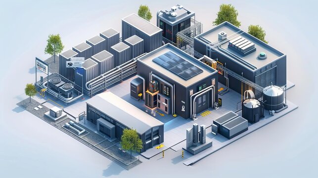A conceptual isometric design of a data center with advanced cooling systems, energyefficient servers, and a central monitoring hub, emphasizing modern data handling and cloud technology