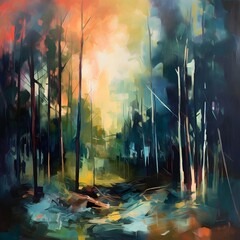 Abstract watercolor painting of trees in the forest. Digital art painting.