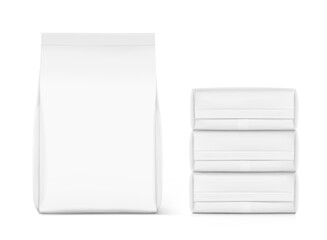 Vertical bag mockup. Flat bottom gusset bag. Front and side views. High realistic. Vector illustration isolated on white background. Ready for use in presentation, promo, advertising and more. EPS10.