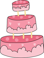 Cartoon wedding cake illustration on transparent background.
