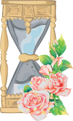 Vintage hourglass with rose on transparent background.
