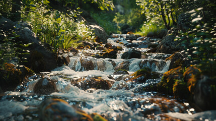 A picturesque mountain stream with a serene face, babbling over smooth stones in the forest.