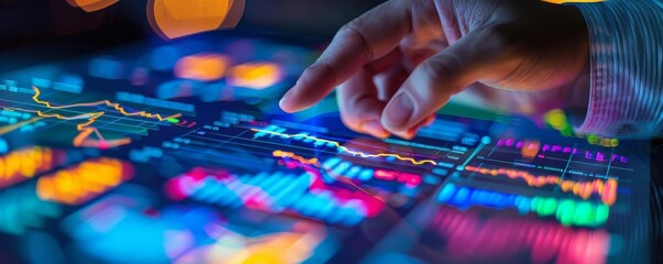 Fototapeta premium A closeup of hands pointing at financial charts and graphs on a touchscreen, illustrating a thorough audit and review process in a corporate finance setting