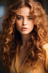 Portrait Of A Young Woman With Lush Curly Hair. Gaze Soft Expression, Illuminated By Natural Light That Highlights Delicate Features And The Warm Hue. Beautiful Female Face Character Avatar Artwork
