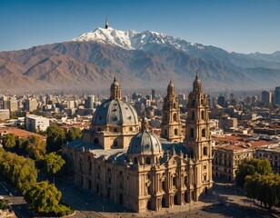 Fototapeta na wymiar Experience the charm of Santiago's skyline, with its historic landmarks such as the Plaza de Armas and the Metropolitan Cathedral set against the backdrop of the Andes Mountains