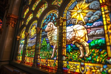 Divine radiance captured in stained glass Lamb of God.