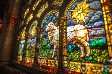 Obraz premium Divine radiance captured in stained glass Lamb of God.