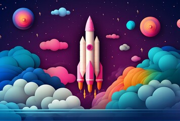 In a minimalist 3D art style, a sleek spaceship rocket launches from the ground, emitting power and smoke from its base as it ascends into the sky.