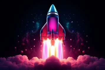 In a minimalist 3D art style, a sleek spaceship rocket launches from the ground, emitting power and smoke from its base as it ascends into the sky.