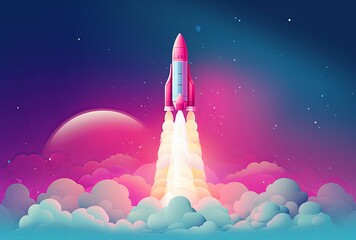 Obraz premium In a minimalist 3D art style, a sleek spaceship rocket launches from the ground, emitting power and smoke from its base as it ascends into the sky.
