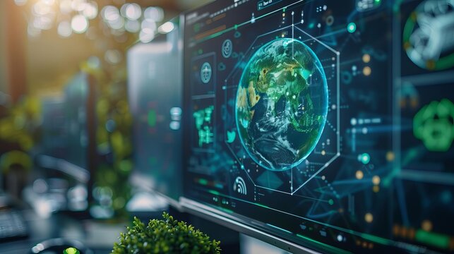 A closeup of a computer monitor displaying a green, digital Earth, with icons representing renewable energy and recycling, emphasizing sustainable computing