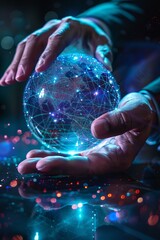 Businessman's hand touching virtual hologram globe on futuristic background. 