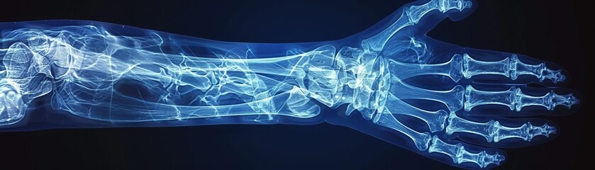 An X-ray of a human arm, The bones are clearly visible, as well as the soft tissues