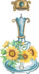 Perfume bottle with sunflower on transparent background.
