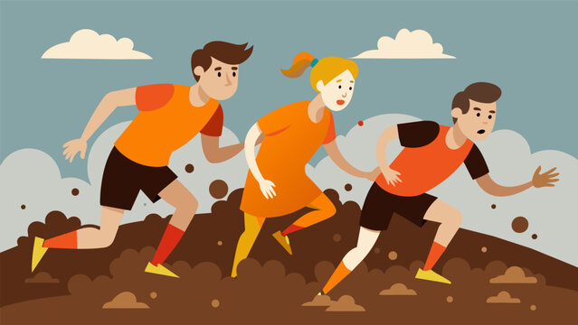 A pack of young competitors trudging through thick mud their shoes suctioned to the ground.. Vector illustration
