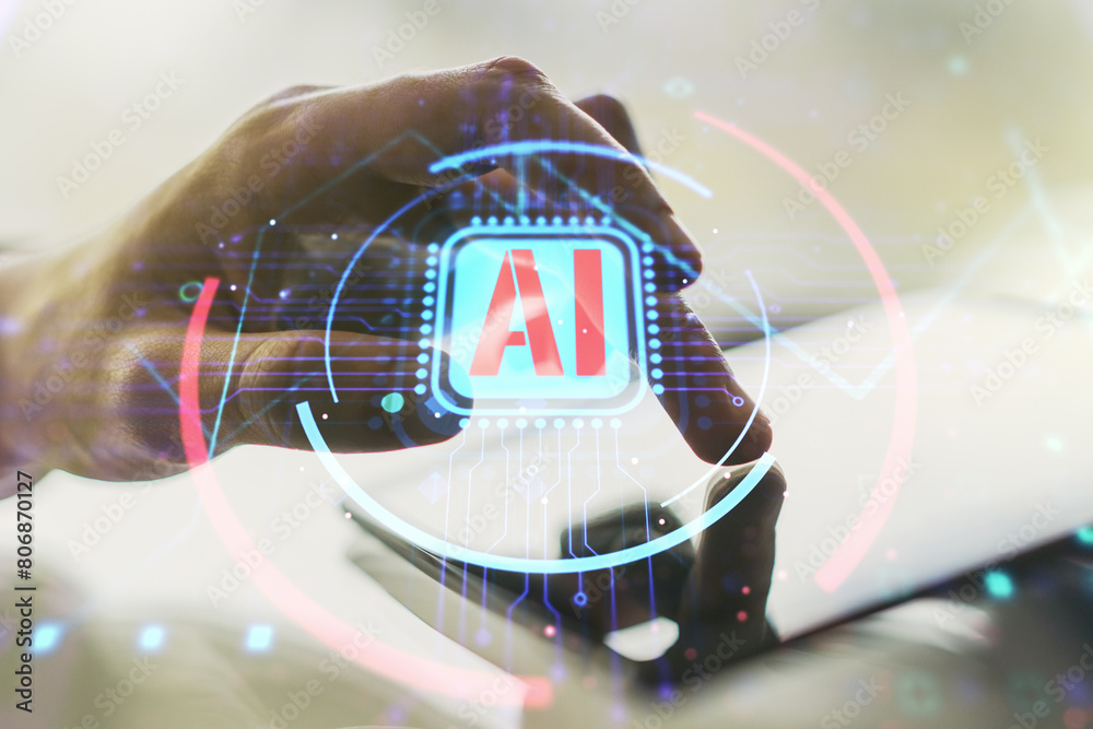 Poster Double exposure of creative artificial Intelligence abbreviation and hand working with a digital tablet on background. Future technology and AI concept