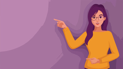 Young woman pointing at something on lilac background
