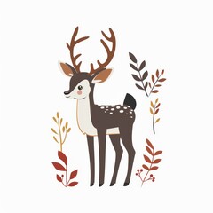   Deer with antlers on head, standing before green plant and leaves White background