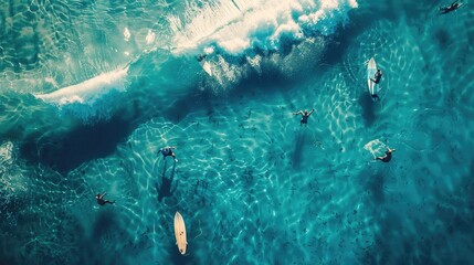 A group of surfers are riding wind waves on the electric blue water, enjoying a recreational event in the ocean. The marine biology and patterns underwater add to the beauty of the scene AIG50