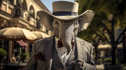 dignified elephant in a tailored three-piece suit, complete with a bowler hat and a monocle.